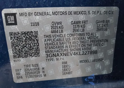 2019 Chevrolet Equinox Premier из США, поврежденный, VIN 3GNAXNEV4KL227898